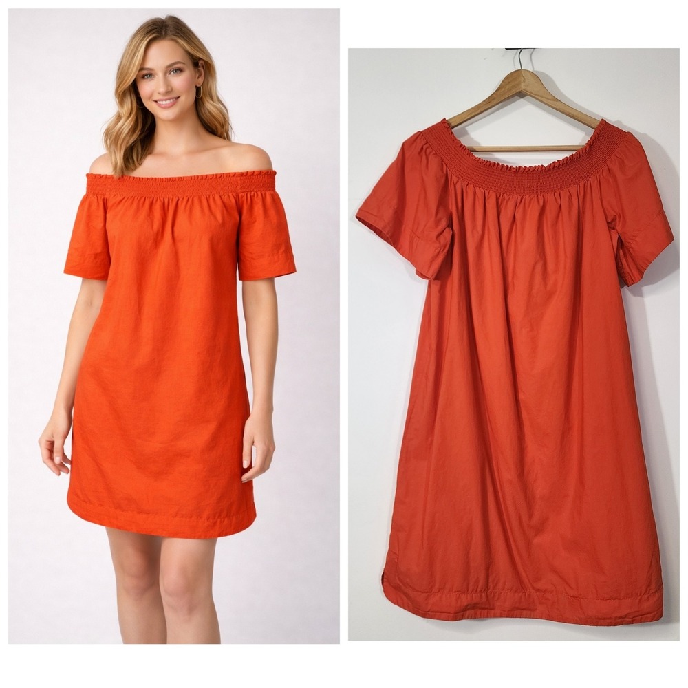 J.Crew Orange Off the Shoulder‎ Smocked Neckline 100% Cotton Dress Size 8 preppy